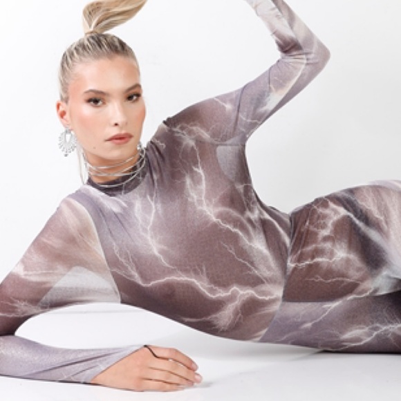 PURPLE GREY LIGHTNING PRINT MOCK NECK LONG SLEEVE FITTED CATSUIT JUMPSUIT - Picture 4 of 4